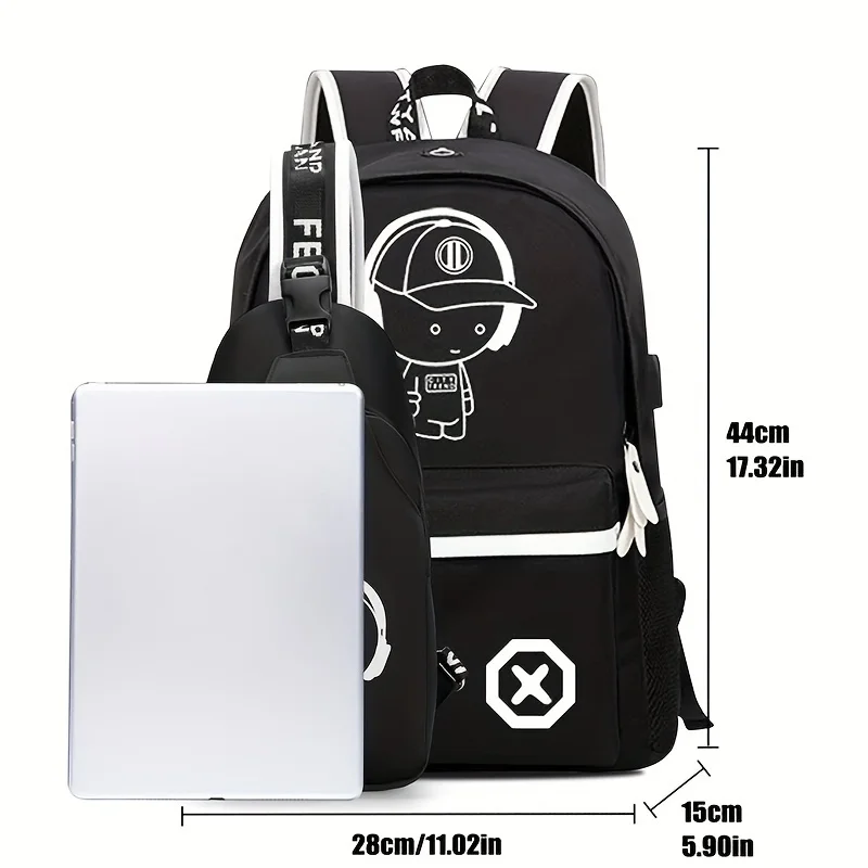 2pcs/set Men's Simple and Large Capacity Casual Backpack, Travel Cartoon Print Crossbody Bag and Chest Bag Set