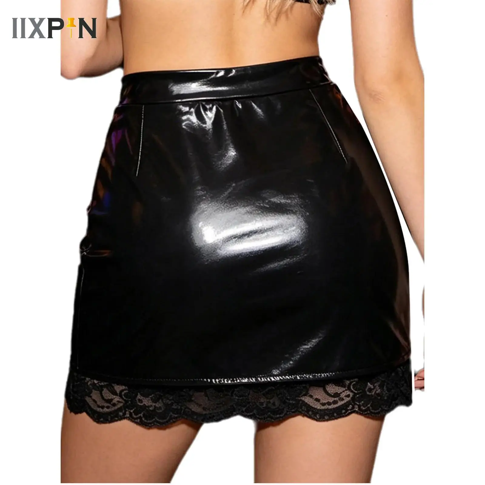Women Glossy Floral Lace Bodycon Skirts Patent Leather High Waist Slit A-line Skirt Wet Look Clubwear Pole Dance Raves Party