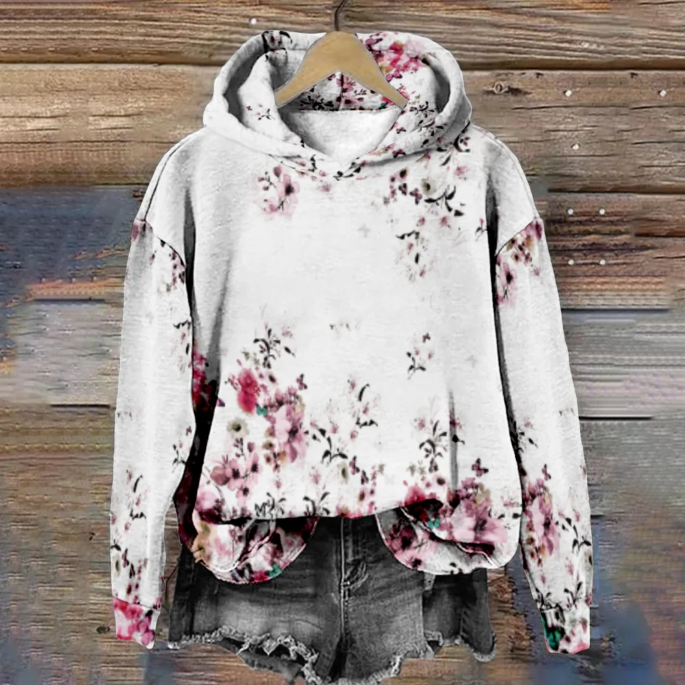 Women Hoodie Natural Print Twig Pullover with Leaves Fashion Harajuku Long Sleeve Sweatshirt Streetwear