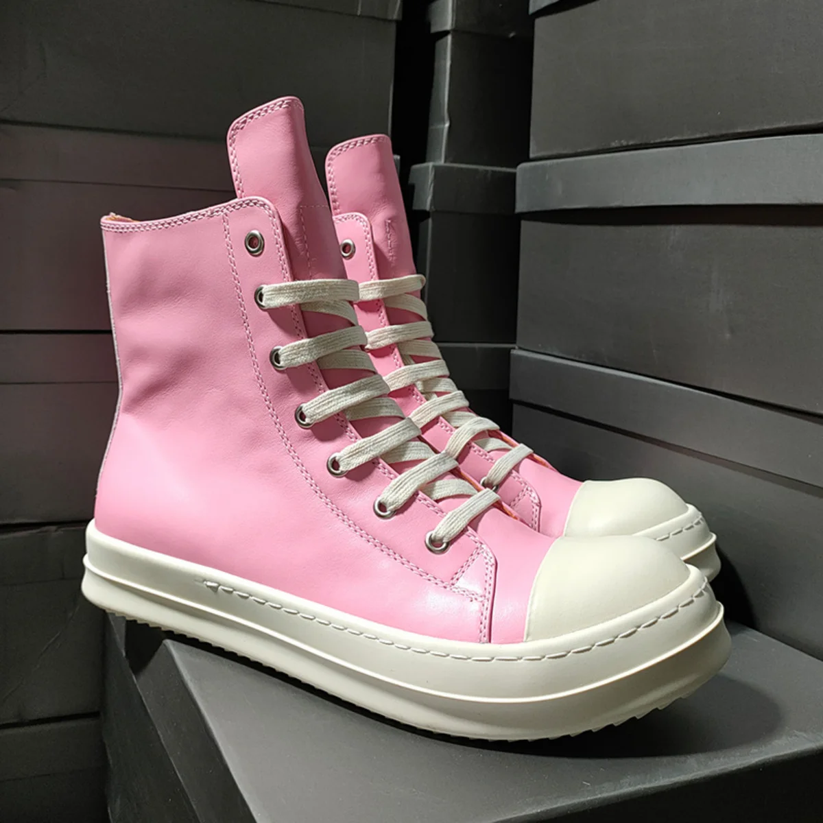 

Ro Luxury Boot Pink Leather High Top Shoe Design Sneaker Men Shoes Zipper Women Ankle Boots Suede Casual Sneakers