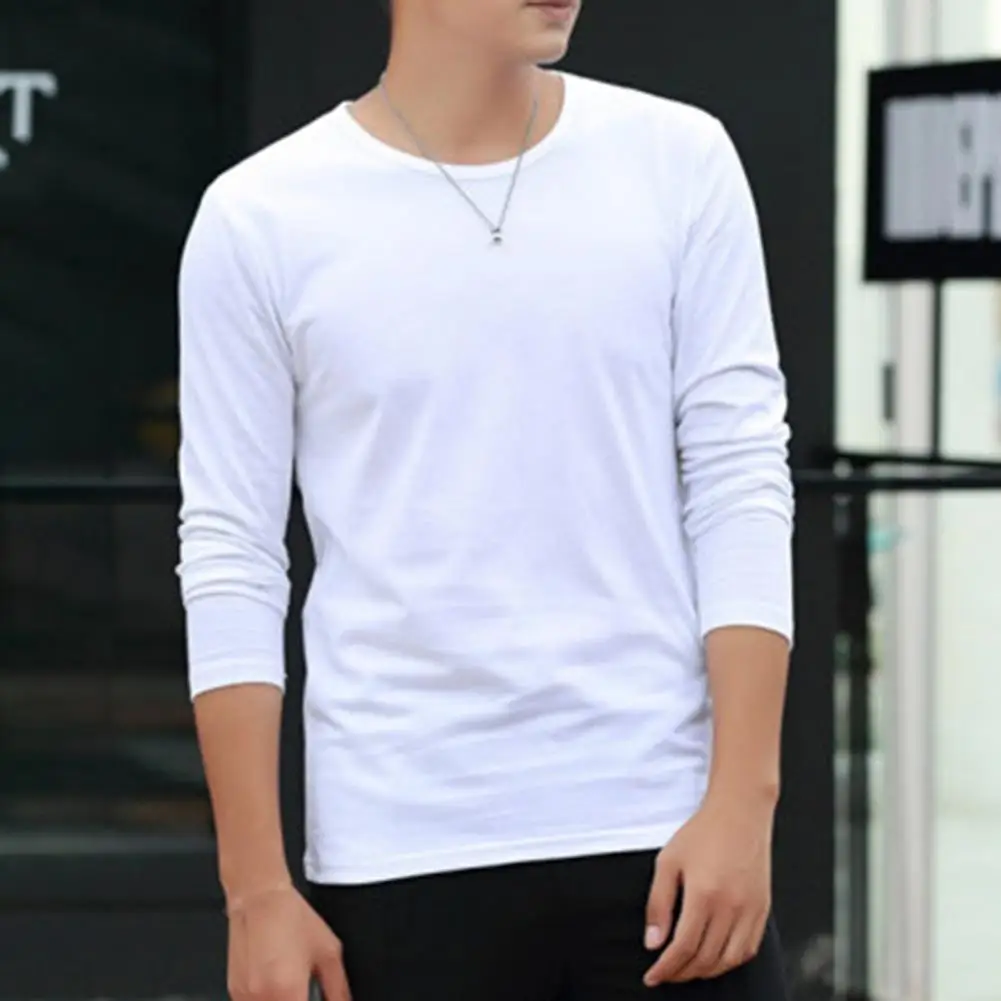 2025 Spring Men T-shirt Round Neck Base Layer T-shirt  Solid Color Long Sleeve Breathable Elastic Pullover Casual Men T-shirts