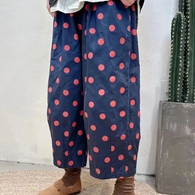 

2024 New Arrival Summer Women Dot Print Cotton Ankle-length Pants Casual Loose Broadcloth Elastic Waist Bloomers Pants P20