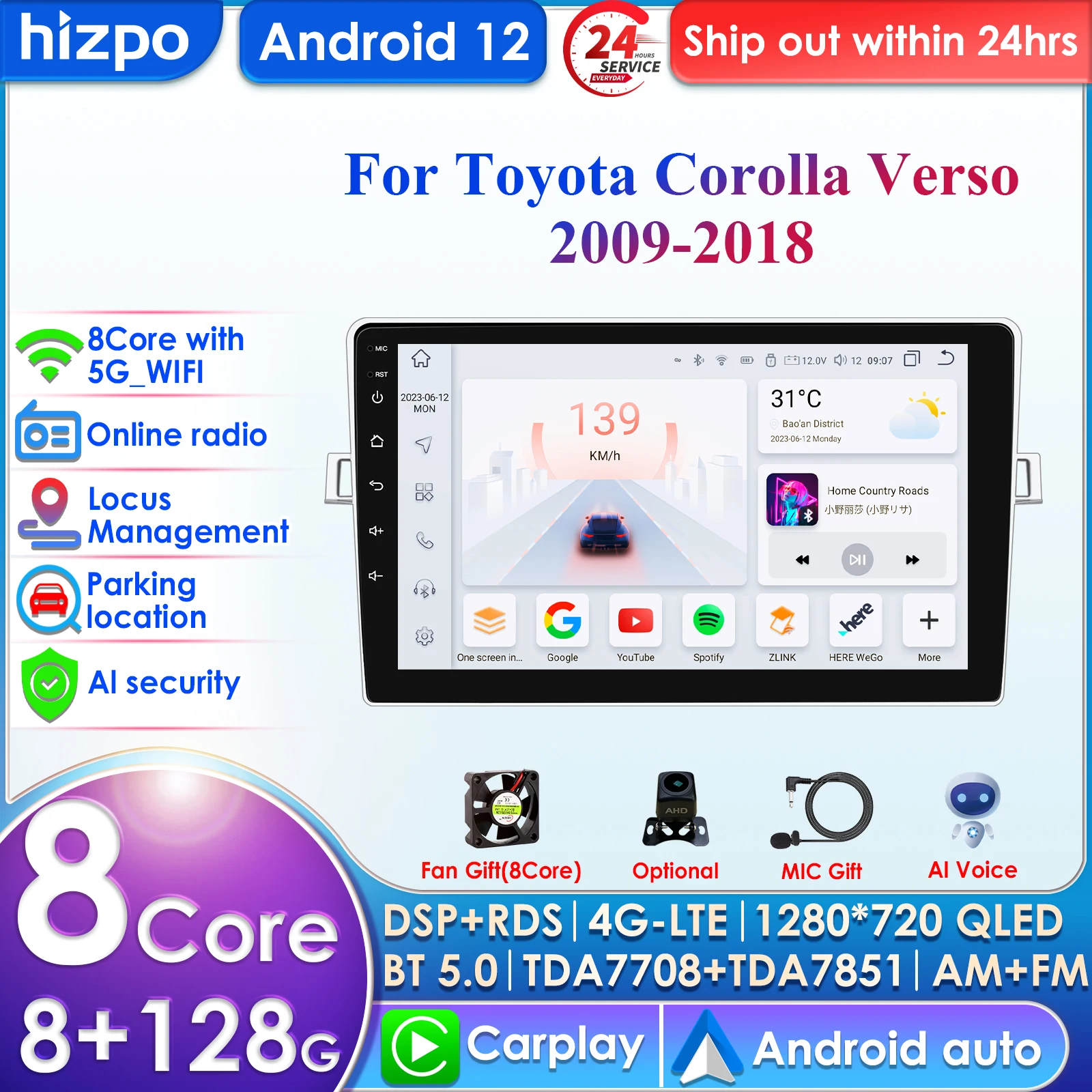 

Hizpo 4G 9''AI Intelligent System Wireless CarPlay Android Auto Radio for Toyota Corolla Verso Car Multimedia GPS 2din Autoradio