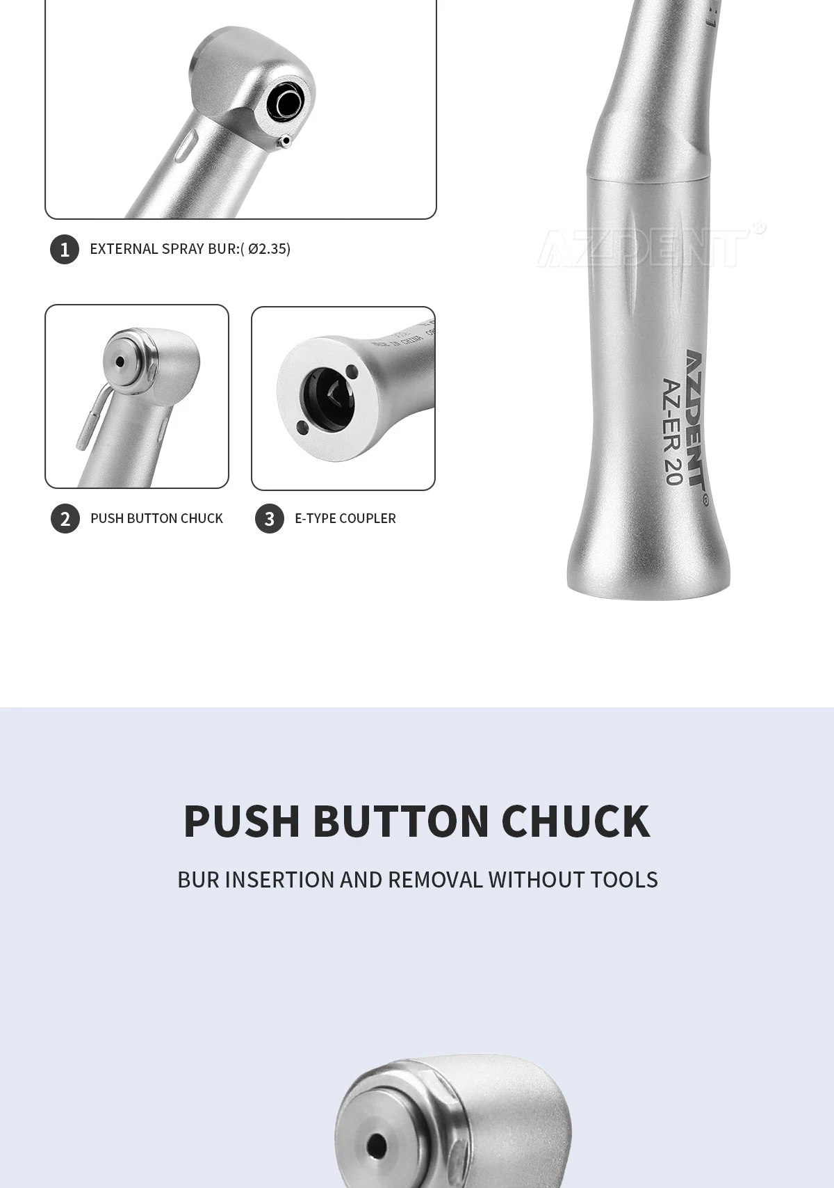 AZDENT Dental 20:1 Implantat-Winkelstück mit niedriger Drehzahl AZ-ER-20 Druckknopf Drehmoment 70Ncm Zahnmedizinisches Instrument – Detail 3