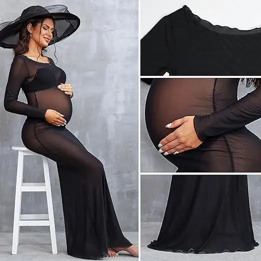 Women's see-through high-elasticity mesh round-neck slim-fit maternity photo shoot floor-length dress