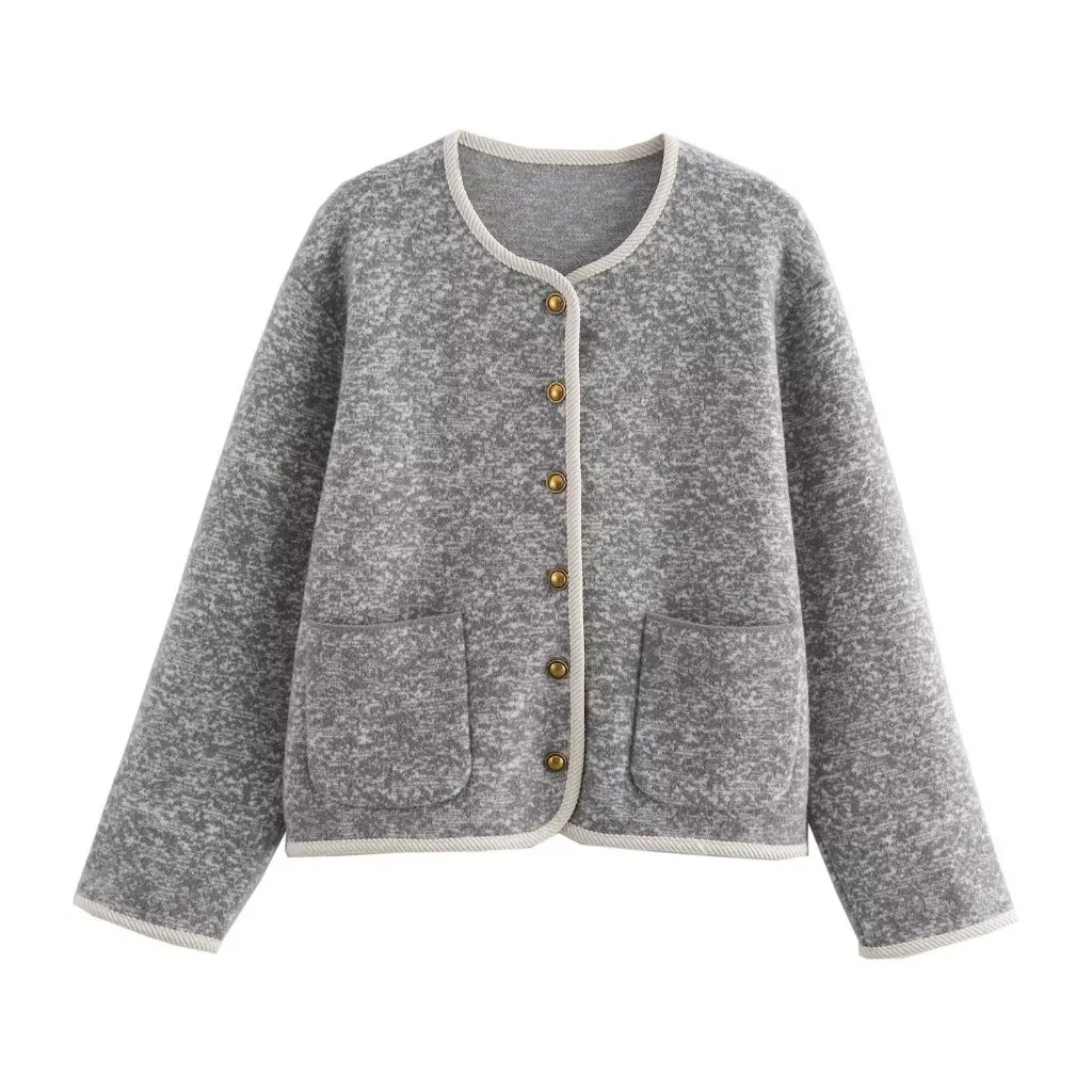 

Korean Velvet Double-Sided Tweed Knitted Cardigan Coat with Gold Button for Women Autumn Fashion Style G42699