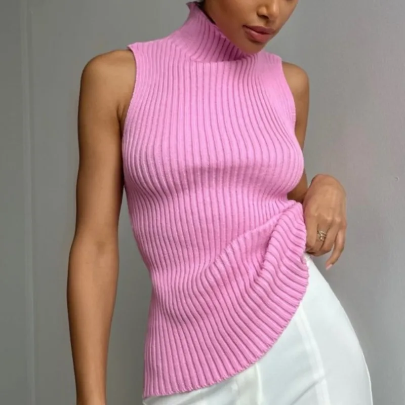 

2025 New Summer New Trendy High-Neck Sleeveless Bodycon Knit Top Cozy Stretchable Fit for Layering & Streetwear