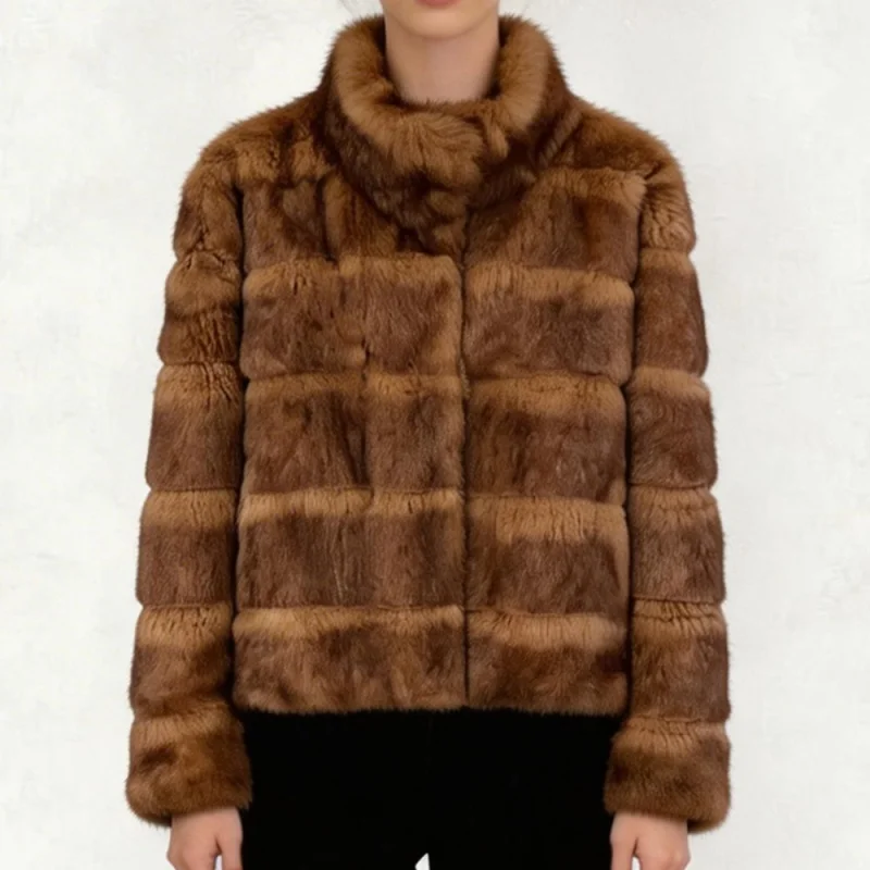 New winter striped rabbit fur coat, high-quality women's short, fashionable stand-up collar one-piece fur warm and thick jacket.