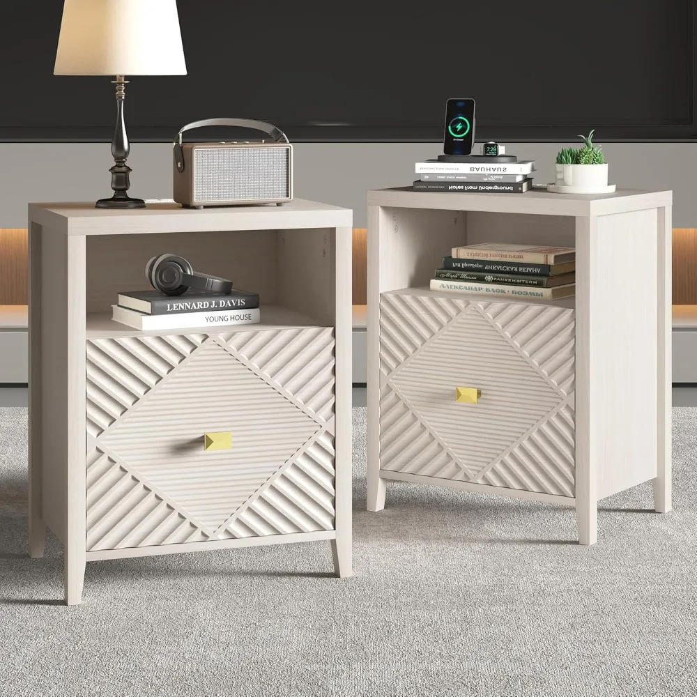 

End Table Set of 2 with Charging Station, Modern Nightstand with Door and Open Shelf, Fluted Design, Bedside Table for Bedroom,