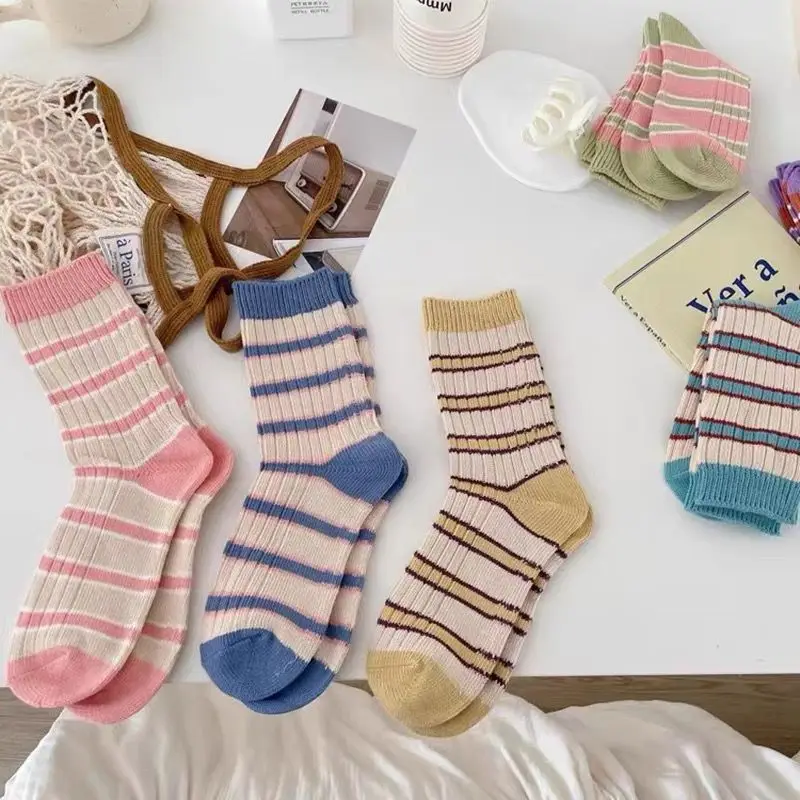 

Женские спортивные носки, вязаные хлопковые эластичные носки средней длины, повседневные модные красочные полосатые винтажные уличные носки в стиле Харадзюку