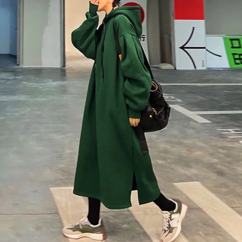 

Plus Fleece Drop-shoulde Hooded Long Dress Autumn Winter Loose Thicken Thermal Green Long Sleeve All-match Hoodie Casual Dresses