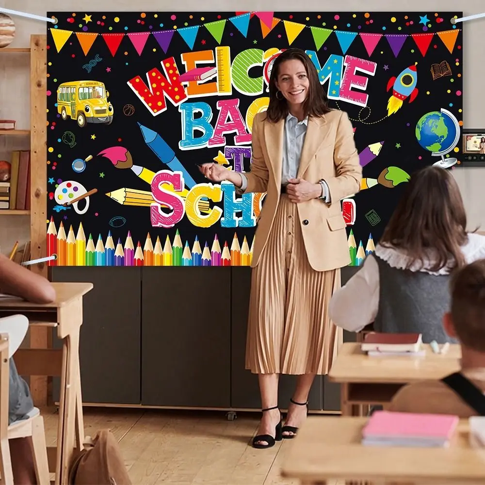 Bannière de retour à l'école pliante de dessin animé, toile de fond de bienvenue festive, décorations de confrontation scolaire, décor de fête d'anniversaire pour enfants