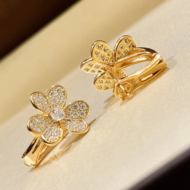 Trendy Real 925 Sterling Silver Stud Earrings For Women Anniversary Gift Three Clover Flowers Zircon Inlay Luxury Fine Jewelry