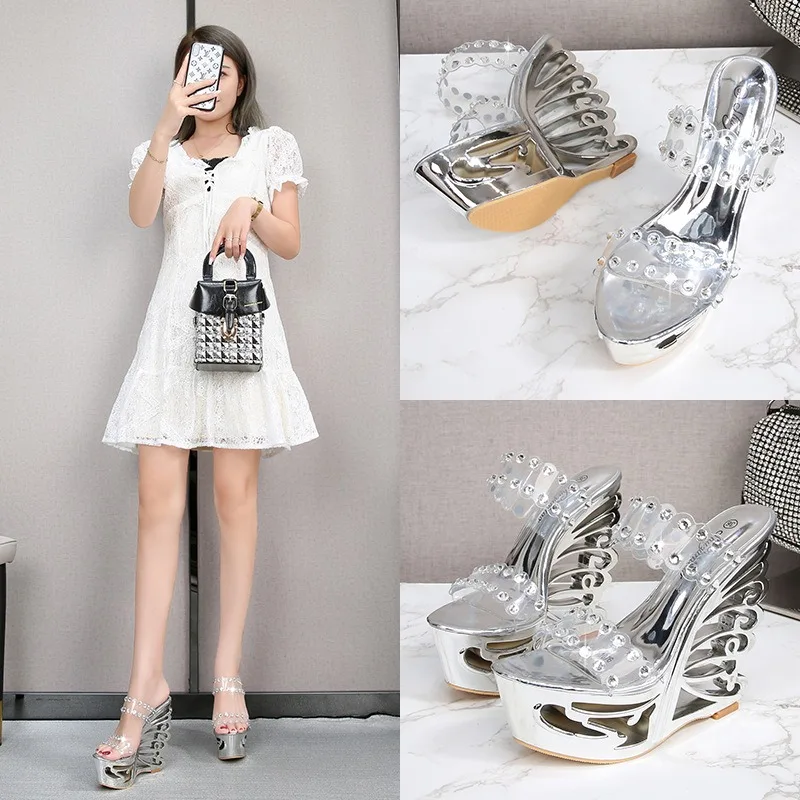 Summer Plus Size 34-41 Luxury Butterfly Slippers 14.5cm High Heels 5.5cm Platform Pumps Vintage Silver Rhinestone Bling Shoes