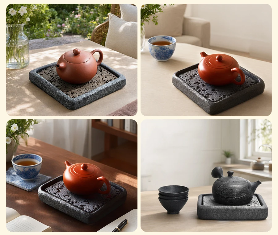 Stein Teeplatte 15cm quadratisch natürlicher schwarzer Basalt saugfähig Teekanne Ablage Wabi-Sabi Zen Gongfu Teezeremonie Geschenk – Detail 5