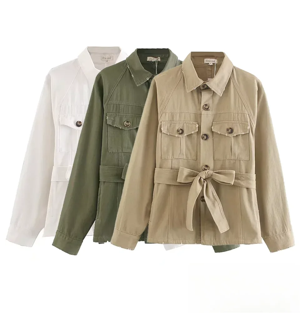 

KONDALA-Women Vintage Shirt Jacket Lapel Buttons Belts Shirt Jacket New 2025 Fashion Spring Fall Distressed Work Shirt Jacket