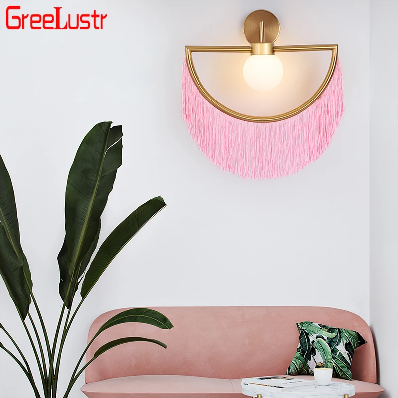 Nordic Designer Tassel Glass Ball Wall Lights Fix Pink Lamp Ins Hot Girl Wall Sconces For Living Room Bedroom Hotel Led Fixtures