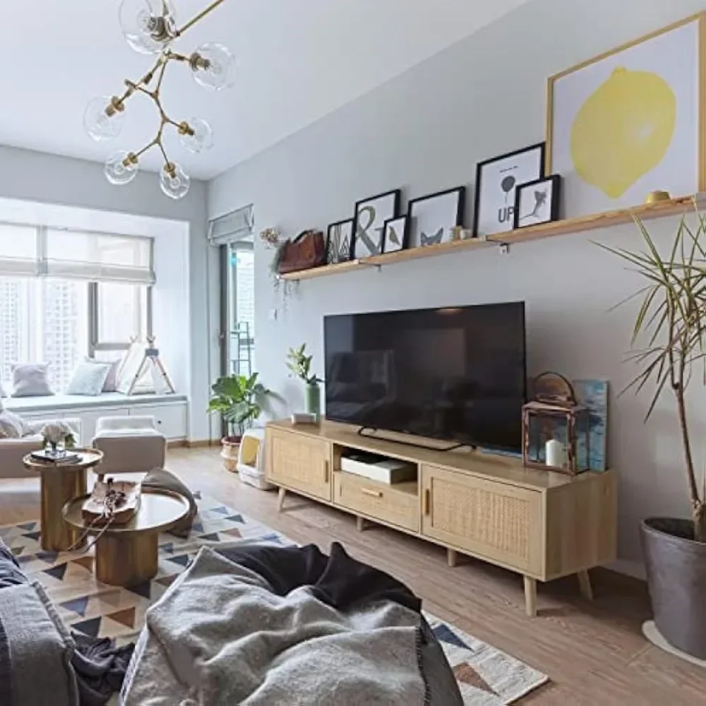 59 Inch TV Stand for Up to 65 Inch Televition, TV Console With 2 Rattan Decor Doors, Living Room TV Table With Storage, Natural