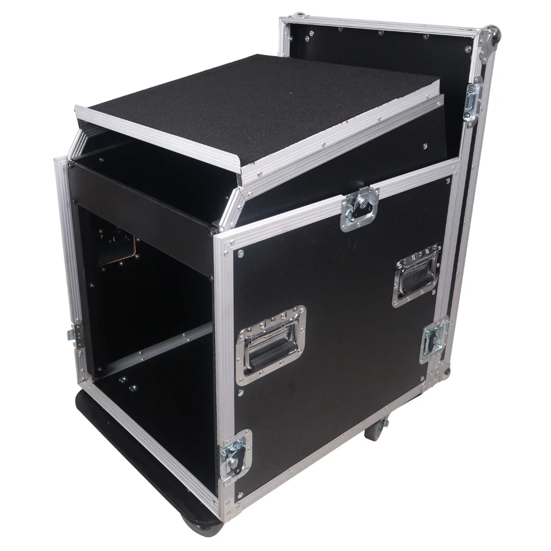 

Factory Wholesale Custom Aluminum Flight Case 13U Top Mixer-DJ 12U Rack Combo Flight Case with Laptop Shelf and wheels