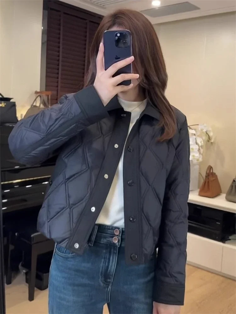 Black Rhombus Plaid，Flip Collar，Quilted Jacket，winter Jackets Woman，short Light and Thin Cotton Coat，2024 New in Outerwears