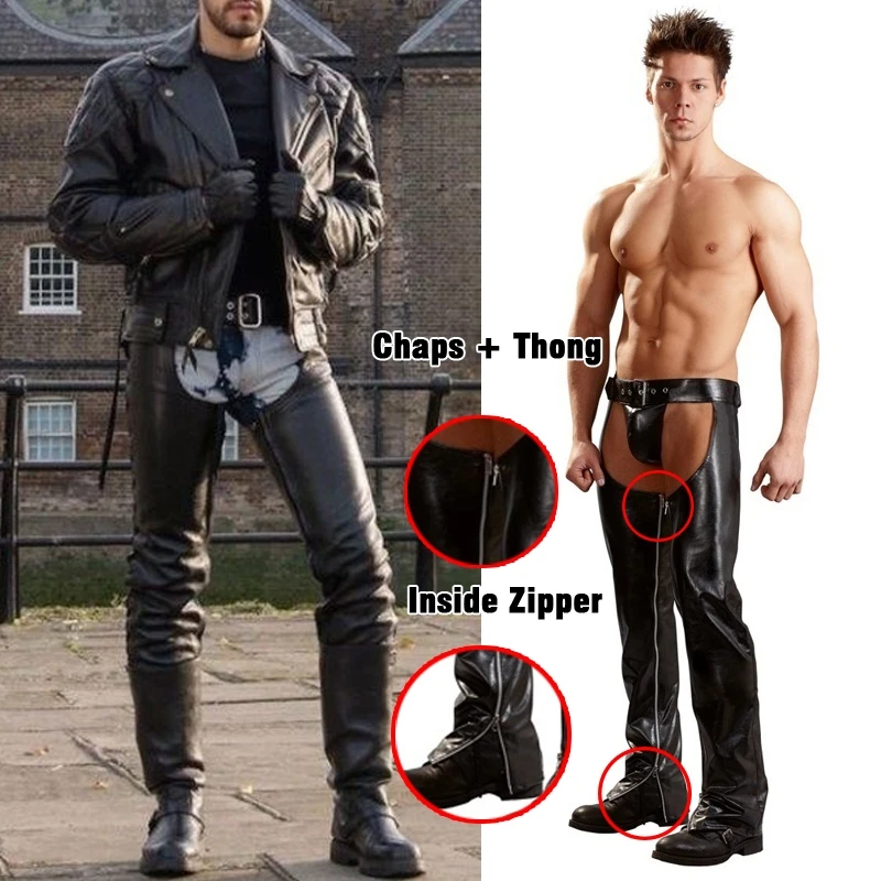 Pantalones de vaquero Wetlook con tangas para hombre, pantalones de cuero con mangas, Sexy, sin trasero, Chap, pantalones de Moto, trajes geniales,