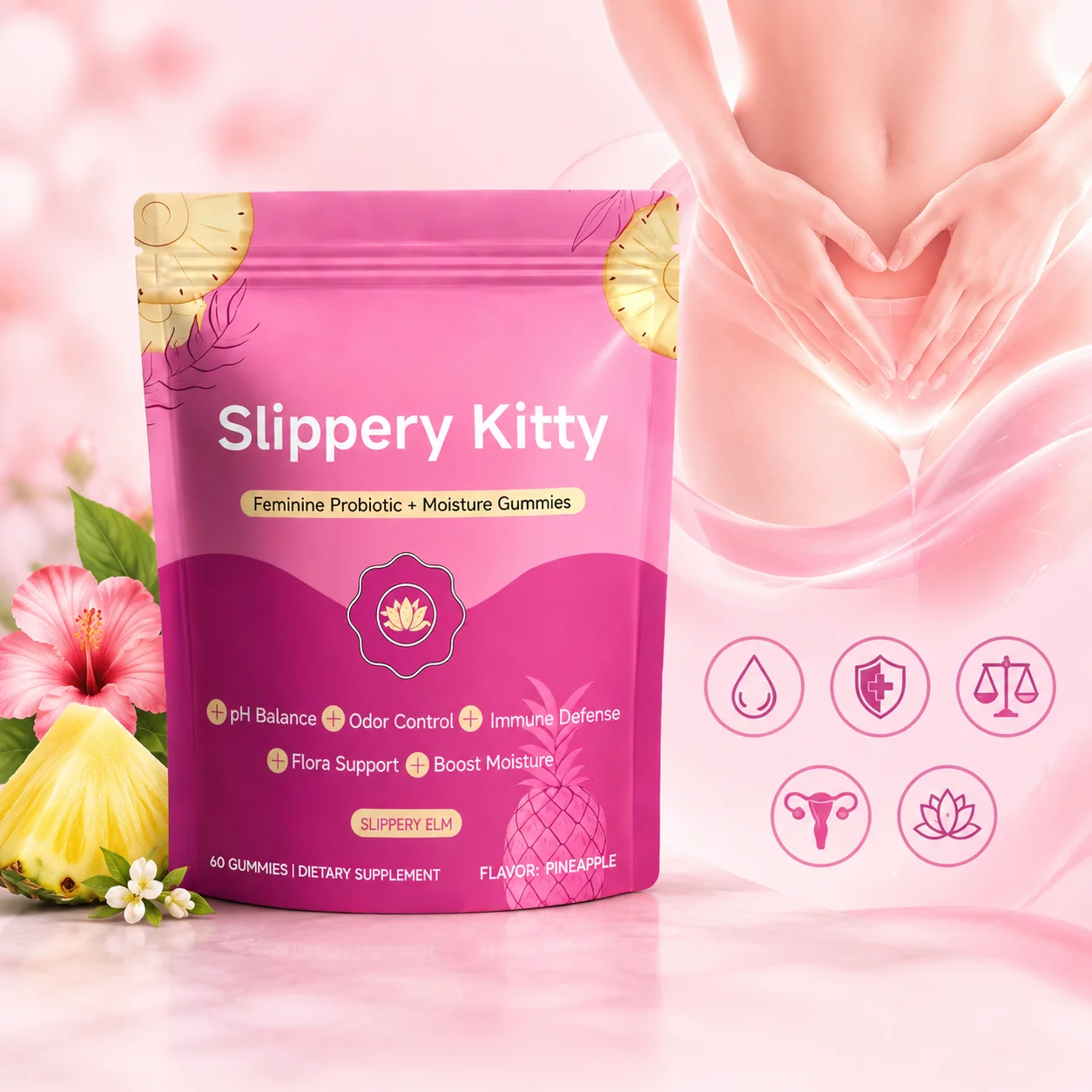 Slippery Kitty Gummies Vitex for Vaginal Dryness Feminine Odor Control PH Balance & Postpartum/Menopause Moisture Care 60 Count