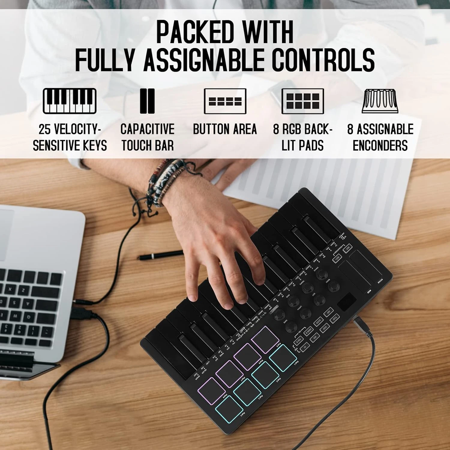 25 Key USB MIDI Keyboard Controller With 8 Backlit Drum Pads, Bluetooth Semi Weighted Professional dynamic keybed 8 Knobs