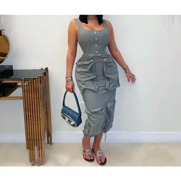 فستان نسائي ميدي بجيوب وأزرار عالية الشارع تفاصيل فستان بدون أكمام فساتين نسائية للنوادي الليلية ملابس كلوبوير صيف 2025 #1