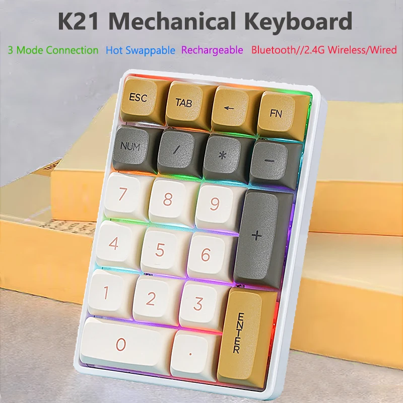 21-Key Mechanical Keyboard, Bluetooth/2.4Ghz/USB-C Connection, Colourful Lighting, Full Key Hot-Swap Mini Keypad for PC Laptops