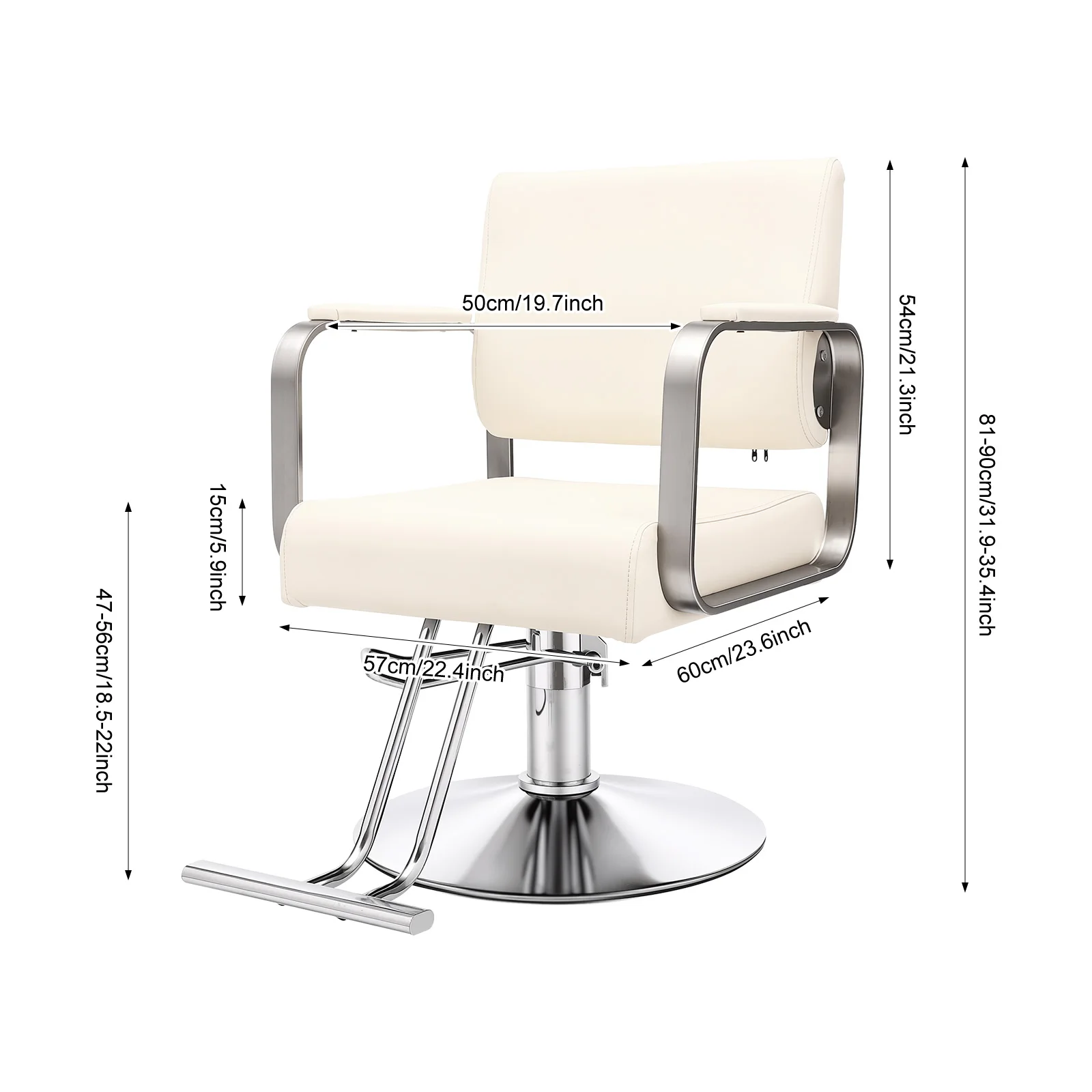 Salon Chair – Pu Cushion – Ergonomic Backrest – Height Adjustable 31.9-35.4" – 360 ° Rotation – 440 Lbs Capacity – Electroplated Carbon Steel – Beige White Silver