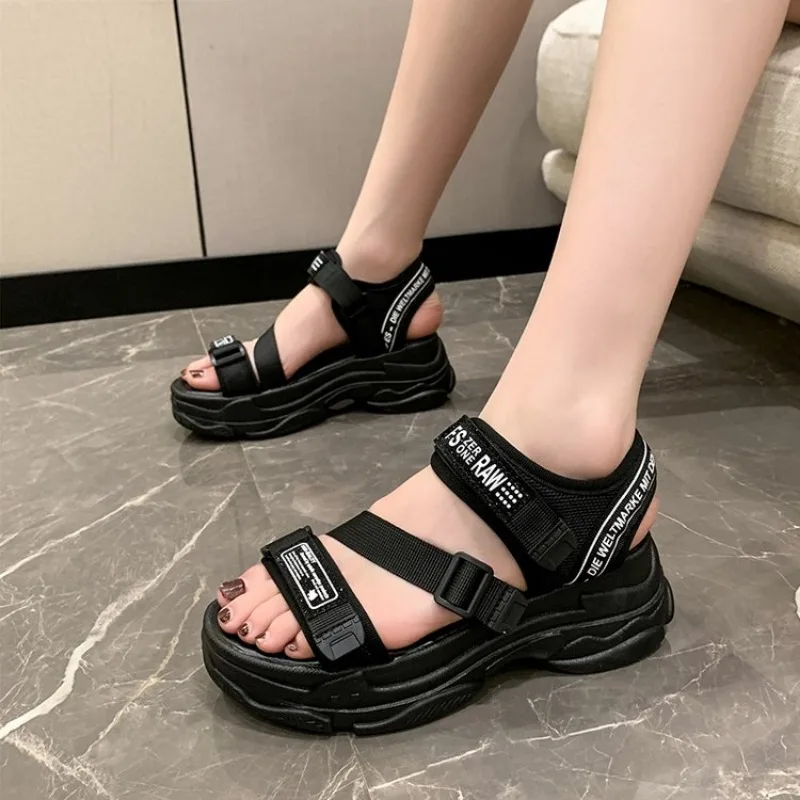 Aphixta 2024 New Summer Hook & Loop Platform Sandals Women Beach Cool 3cm Heel Shoes Letters Slides Plus Size