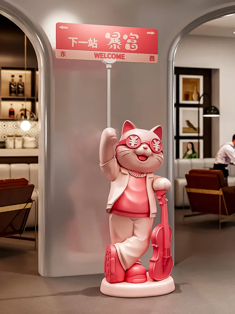 Home Decor Road Sign Lucky Cat Statue Large Floor Decor Cat Sculpture Piggy Bank Ornament Store Opening Gift Housewarming Gifts