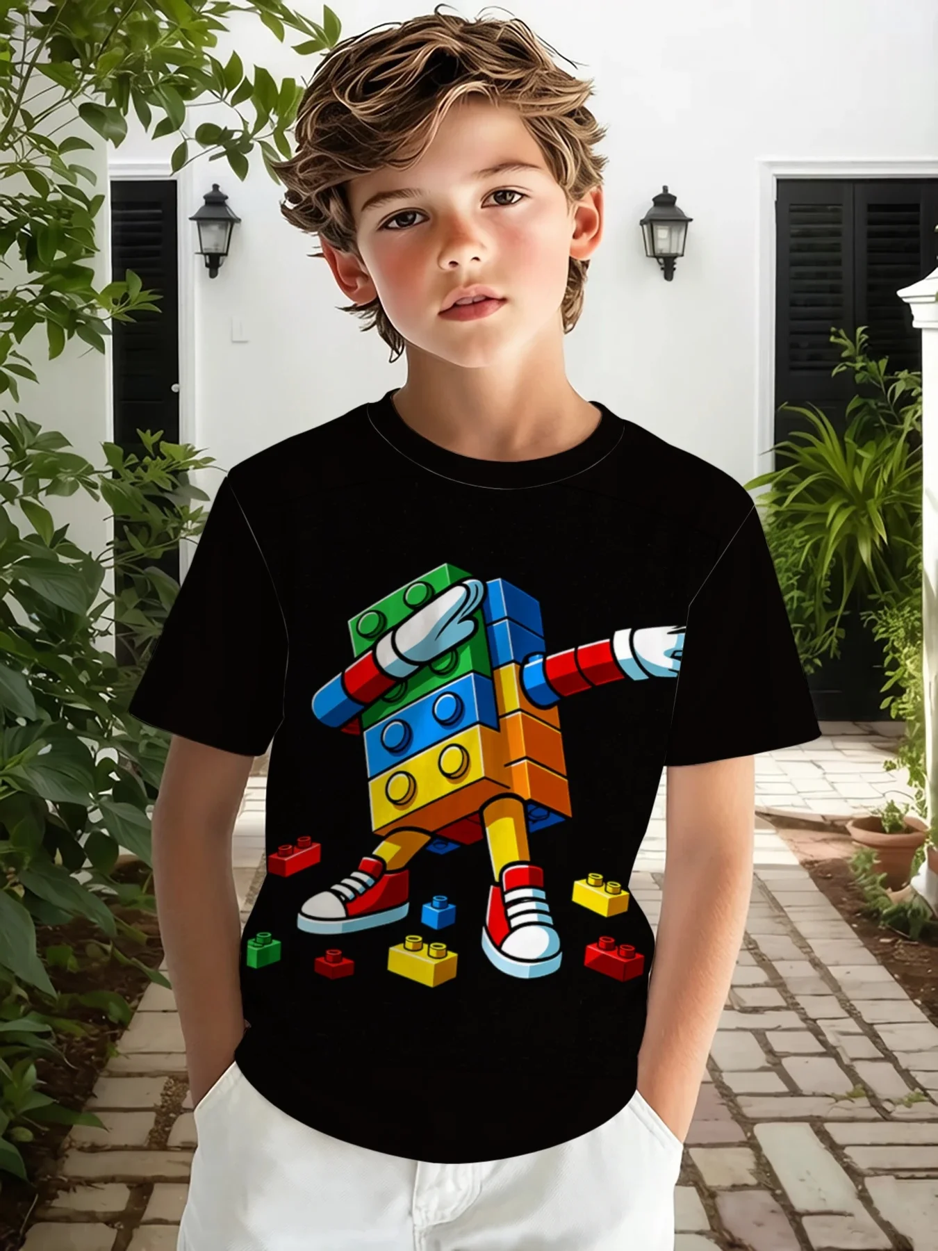Children Black Crew Neck Tee Funny Dabbing Multicolor Building Brick Man Cartoon Block Toy Boys Summer Short Sleeve Top