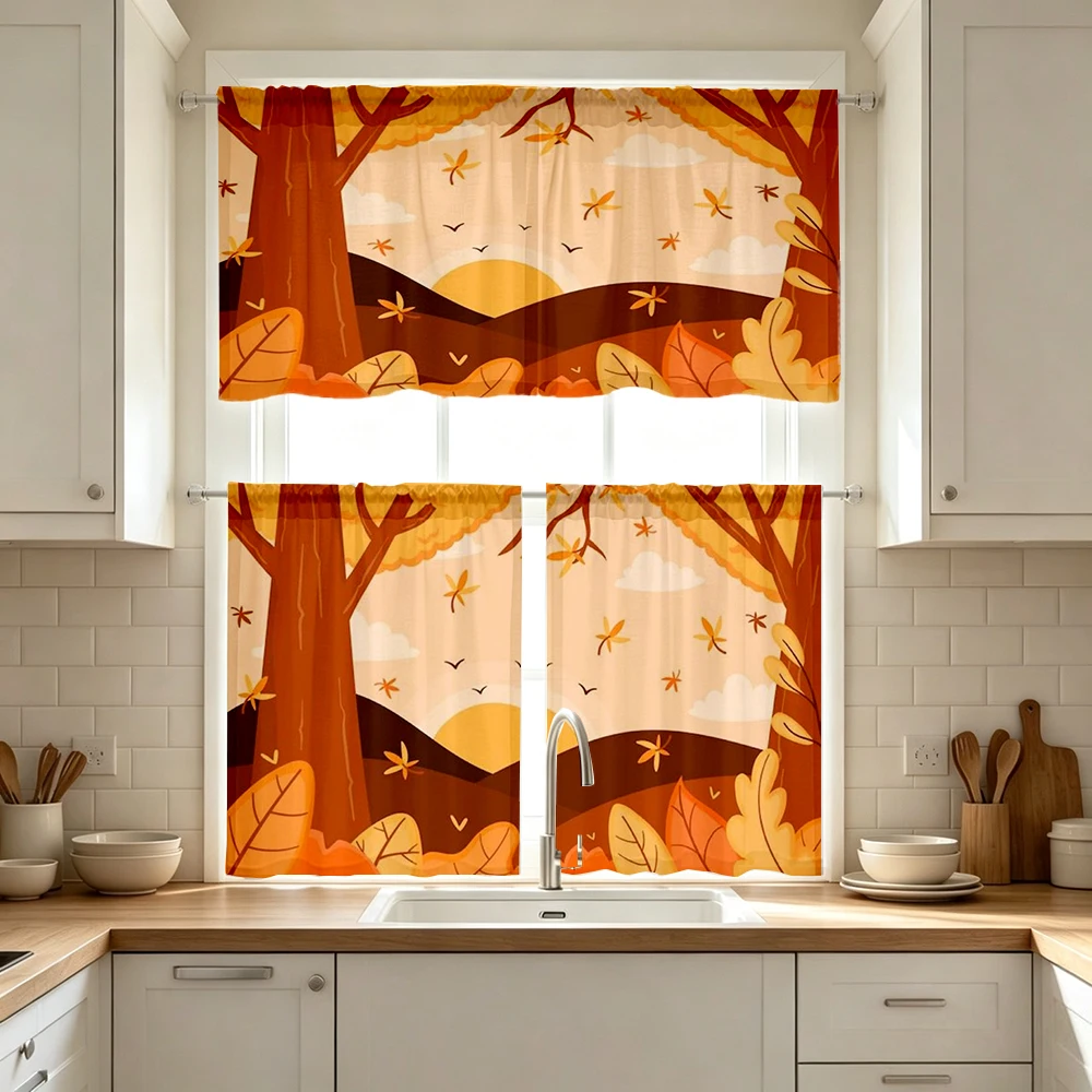 Fall Kitchen Curtains, Autumn Sunset Tree Scenery, Digital Print, Kitchen Dining Room, Rod Pocket Polyester, Home Decor
