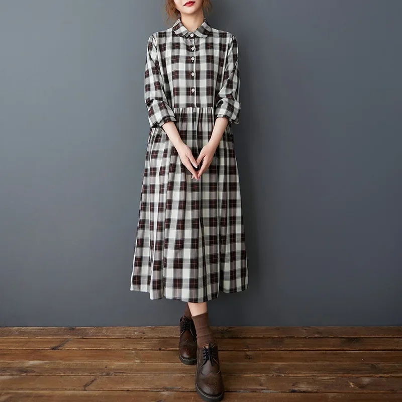 Vintage Plaid A-line Dress Women Long Sleeve Vintage Split Joint Midi Dress Ladies Loose Turn-down Collar Long Shirt Dress