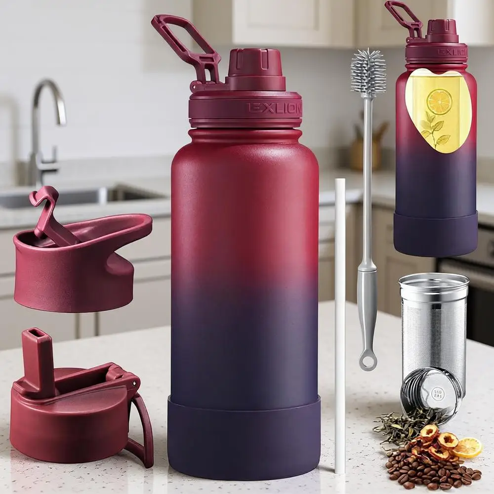

Triple Wall Insulated Stainless Steel Water Bottle 32 Oz, Loose Leaf & Fruit Strainer, 3 Leakproof Lids, BPA-Free Silicone Sleev