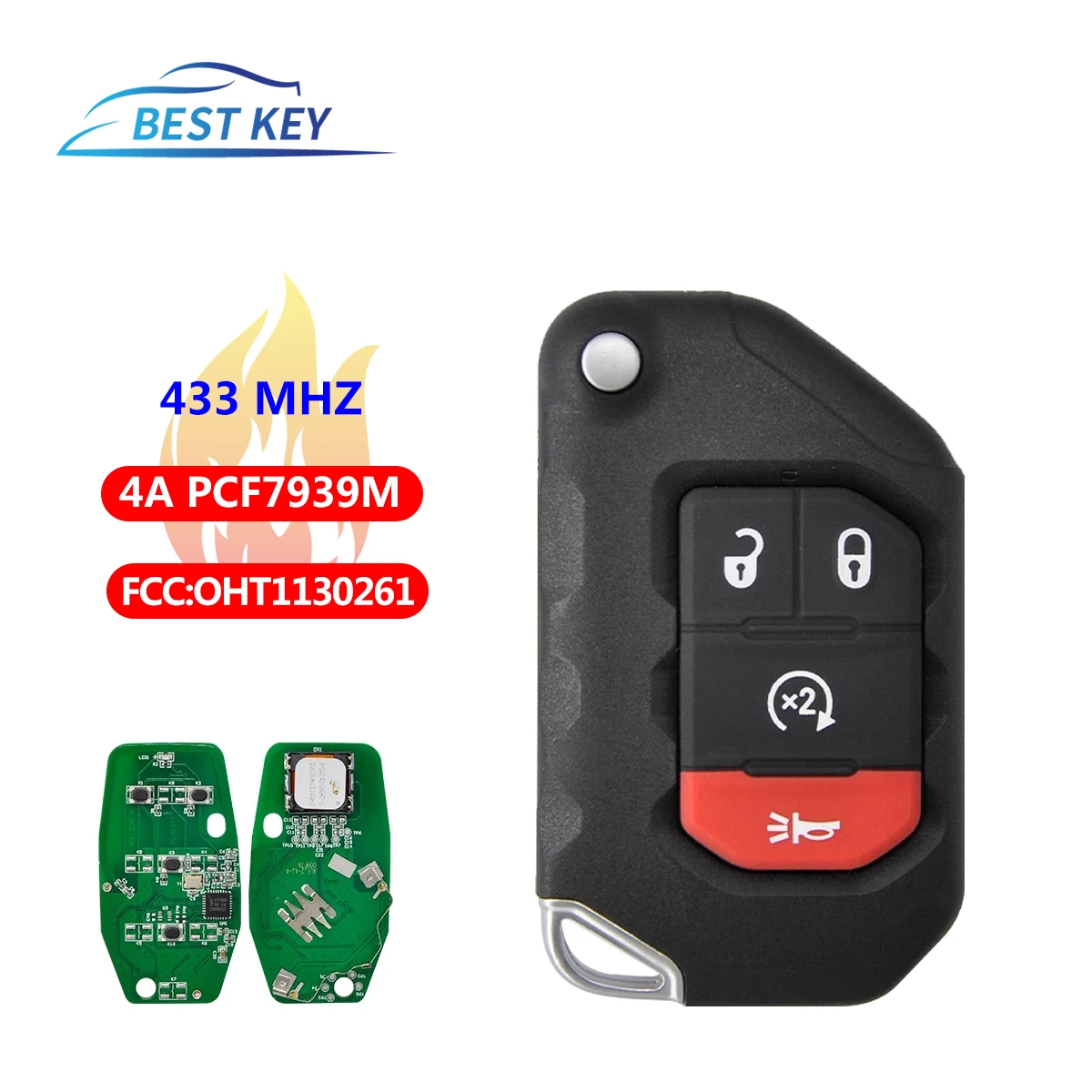 

BEST KEY Smart Car Remote Control Key For Jeep Wrangler 2018 2019 FCC OHT1130261 4A PCF7939M 433MHz Flip Keyless Promixity Card