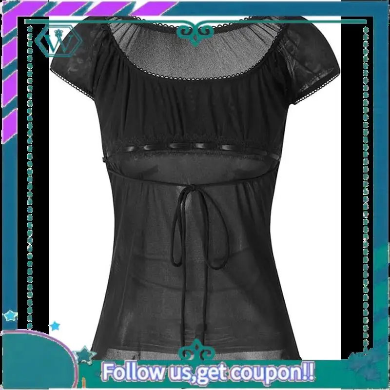 A09P Women Fairy Grunge Y2k Shirts See Through Square Neck Lace Patchwork Tops Vintage Goth Aesthetic Clothing