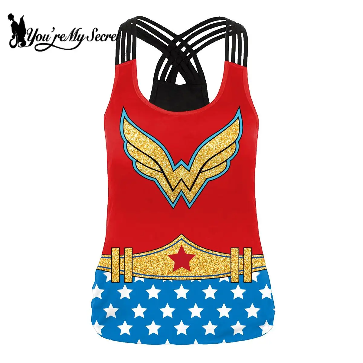 [You\'re My Secret] Cosplay Superhero Printed Tank Top Sexy Sling Cross Vest Casual T-Shirt Female Warrior Cosplay Party Clothing