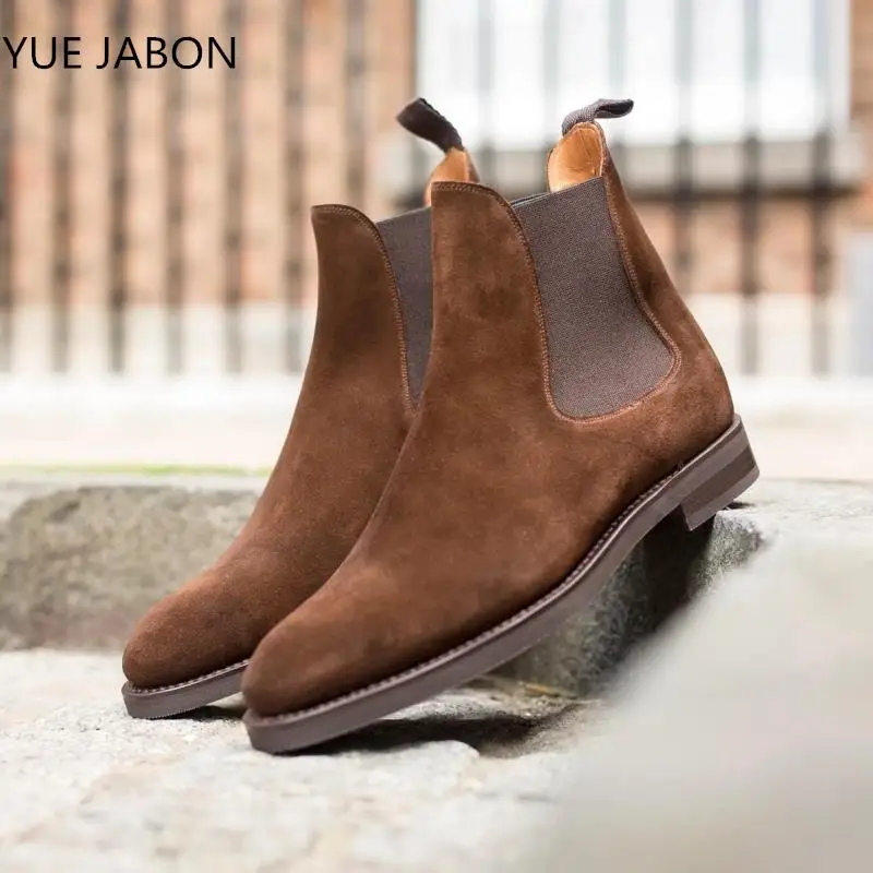 NEW Coffee Cow Suede Men Boots Comfortable Fashion With Heel 2023 Classic Slip-On Chelsea Boots Mid-Calf Rock Boots