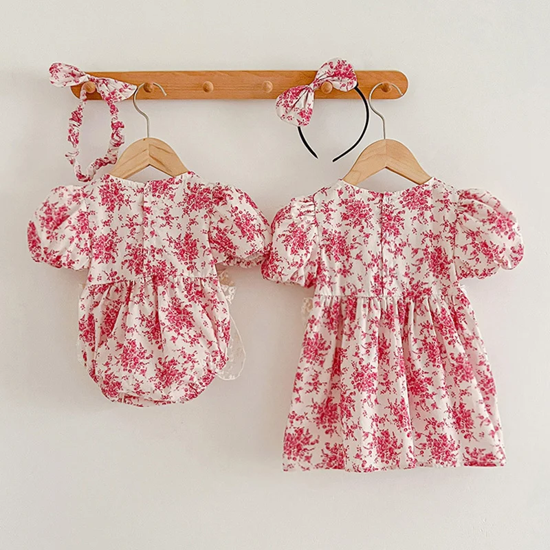 2024 New Summer Baby Girl Clothing Kids Princess Dresses Baby Romper Short Sleeved Cotton Flower Print Baby Girl Party Dress