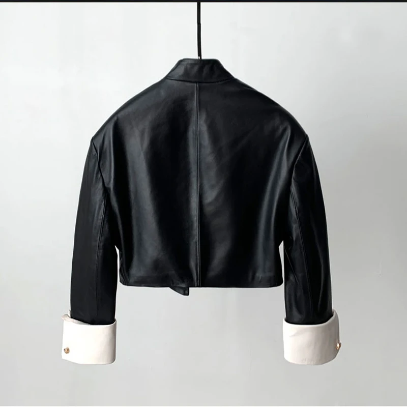 Mode Kurze Stehkragen Schaffell Jacke 2025, Herbst Frauen Manschette Nähte Farbe Einreiher Echt Leder Mäntel Streetwear