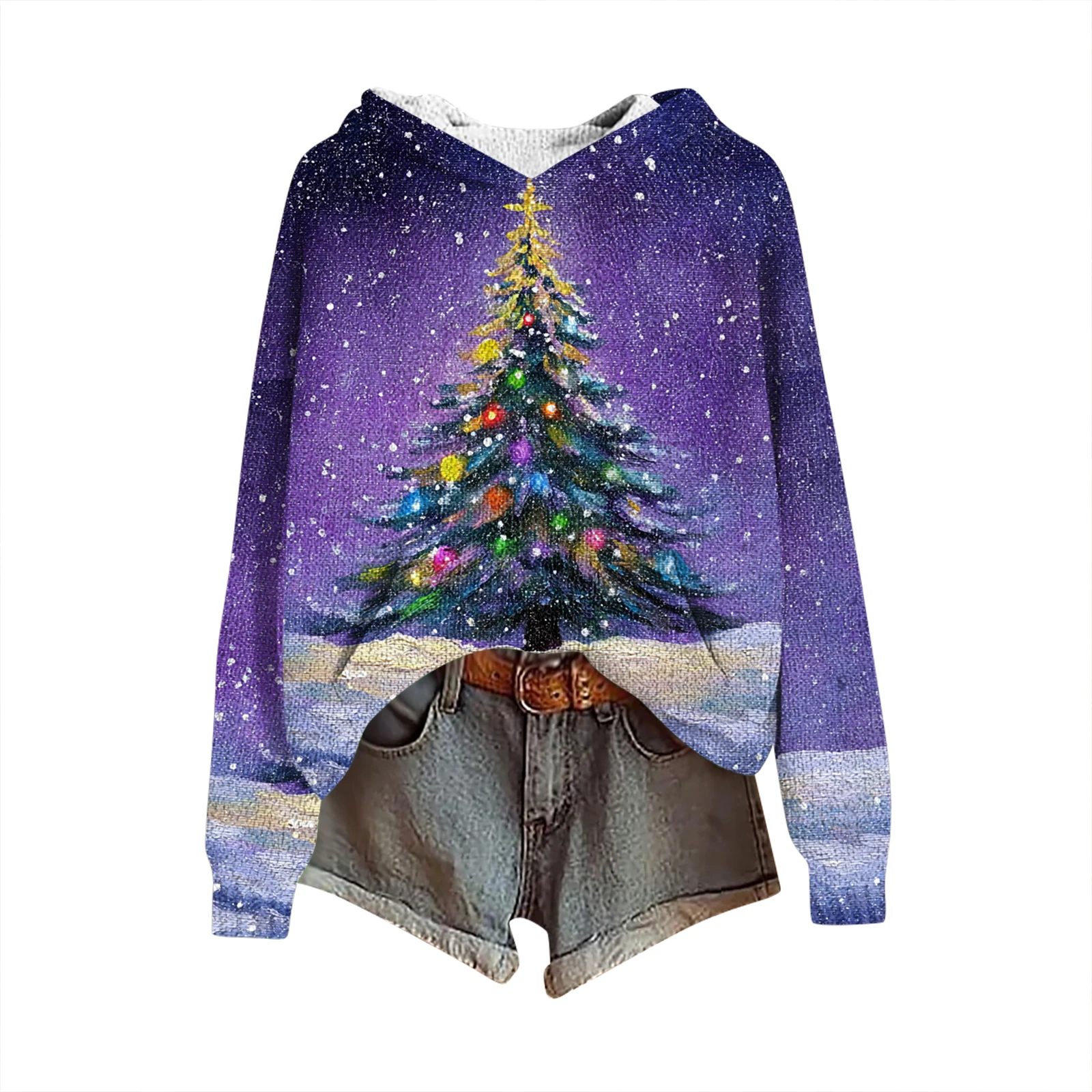 Winterkerstboompatroon Dames Modieus Casual trui met lange mouwen en capuchon met print Comfortabele warme gebreide top