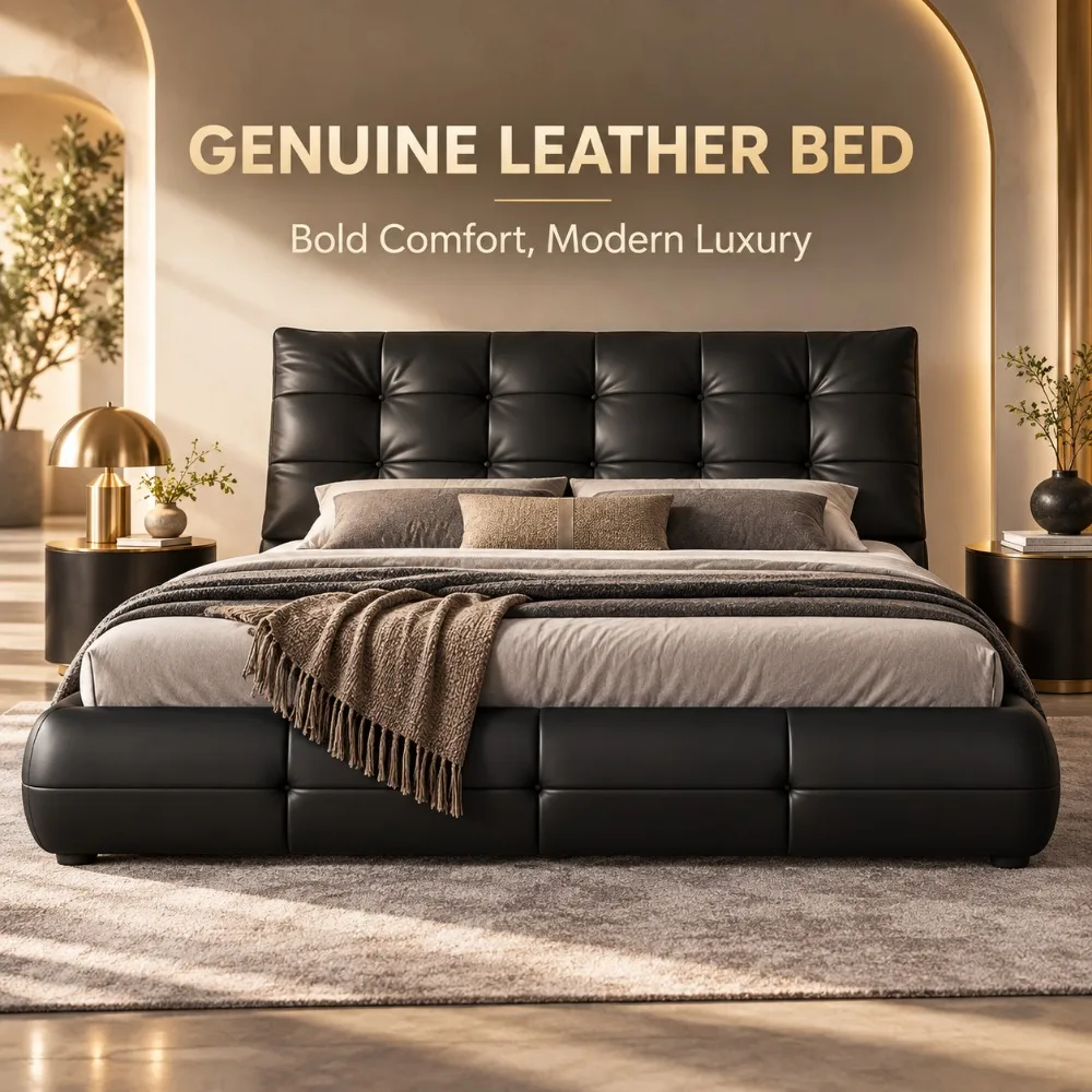 Modern Luxury Italian Minimalist Bed Frame Square Tufted Headboard Black Leather Upholstered Large Bed for Master Bedroom