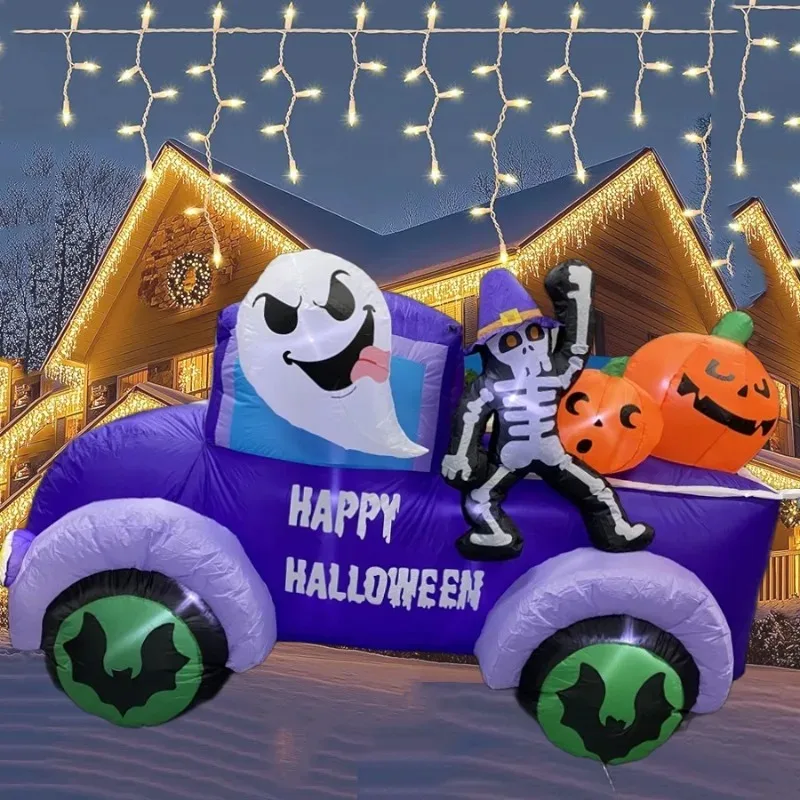 8ft brinquedos infláveis halloween decorações ao ar livre fantasma condução caminhão carro esqueleto abóbora leds embutidos para quintal decoração brilhante