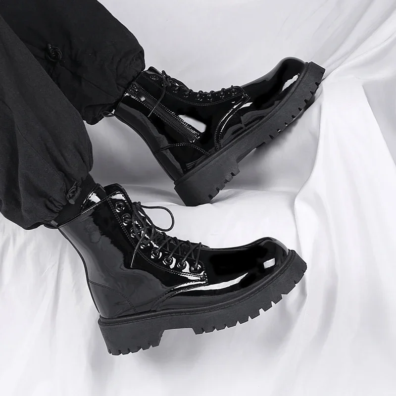 

Fashion Patent Leather High-top Boots for Men British-style Men Thick-soled Waterproof Motorcycle Leather Ankle Boot Bota Hombre