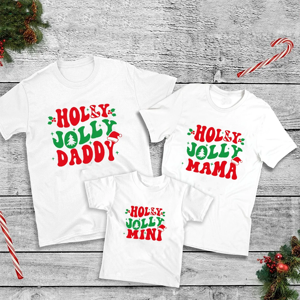 Holly Jolly Print Family Matching Shirts Xmas Party Dad Mom Baby Tshirt Casual Christmas Gift Family Matching Tee Outfits