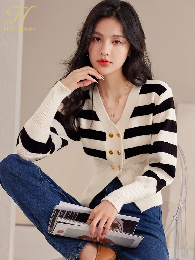 H Han Queen 2024 Autumn Color Blocking Stripes Knitted Cardigan Sweater Women\'s Tops Basic Double Breasted Long Sleeve Cardigans