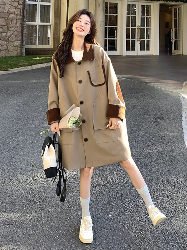 LANMREM Korean Casual Trench Women\'s Lapel Single Breasted Pockets Design Contrast Color Coat 2024 Autumn New Clothing 2Z2465