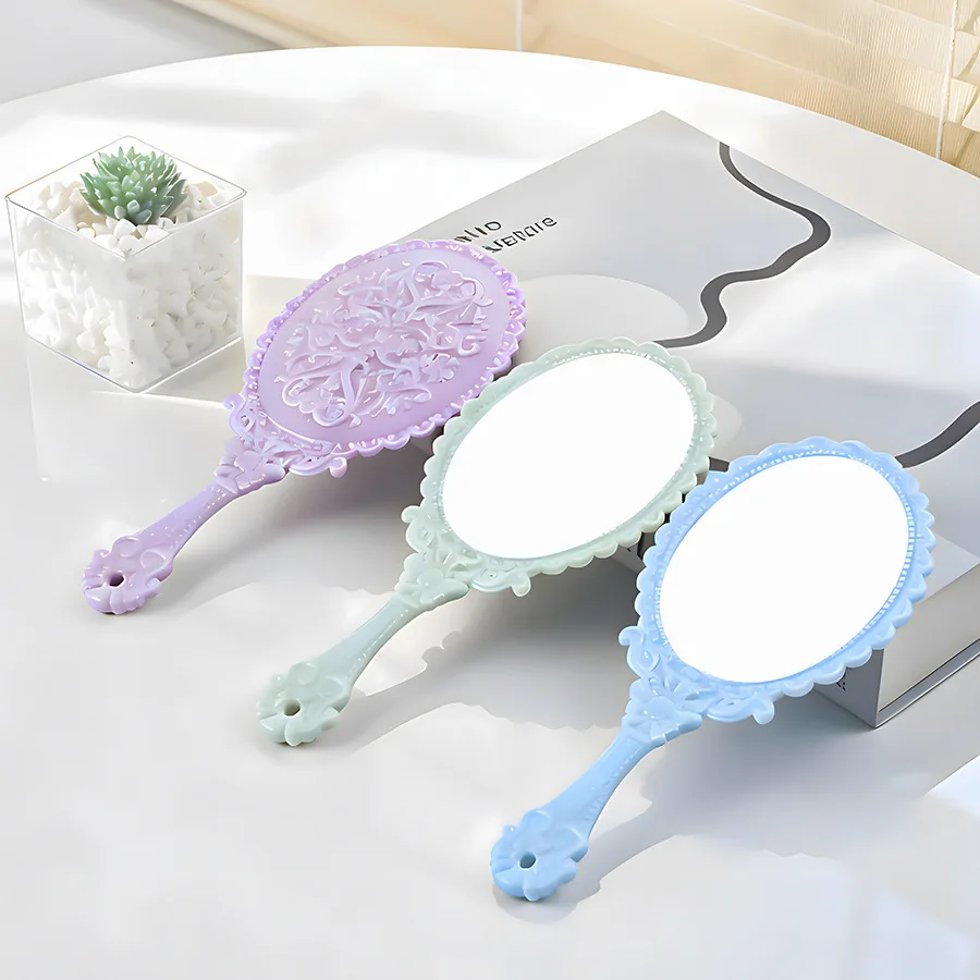 مرآة محمولة بيضاوية أوروبية عتيقة، مقبض زجاجي صغير من جانب واحد مدمج للمحفظة والسفر